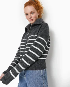 Pimkie Pimkie Positive|Pull Et Gilet^Gilet Zippé Rayé Avec Grand Col Maille Côtelée -
