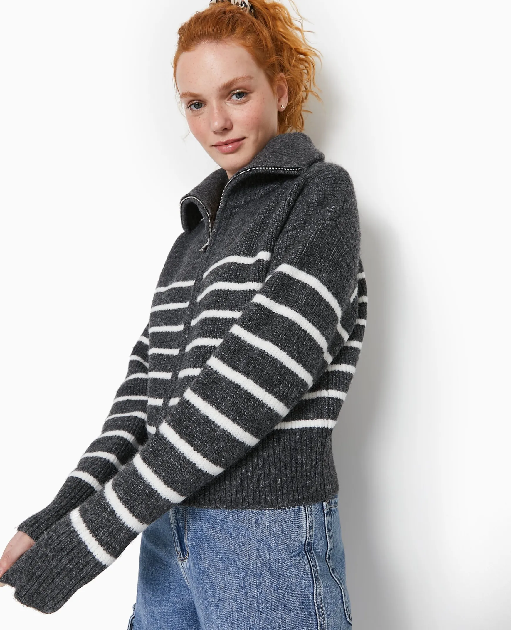 Pimkie Pimkie Positive|Pull Et Gilet^Gilet Zippé Rayé Avec Grand Col Maille Côtelée -