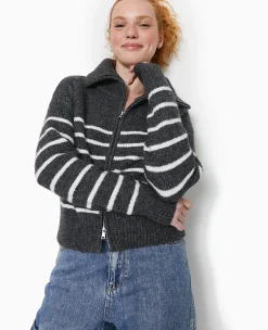 Pimkie Pimkie Positive|Pull Et Gilet^Gilet Zippé Rayé Avec Grand Col Maille Côtelée -
