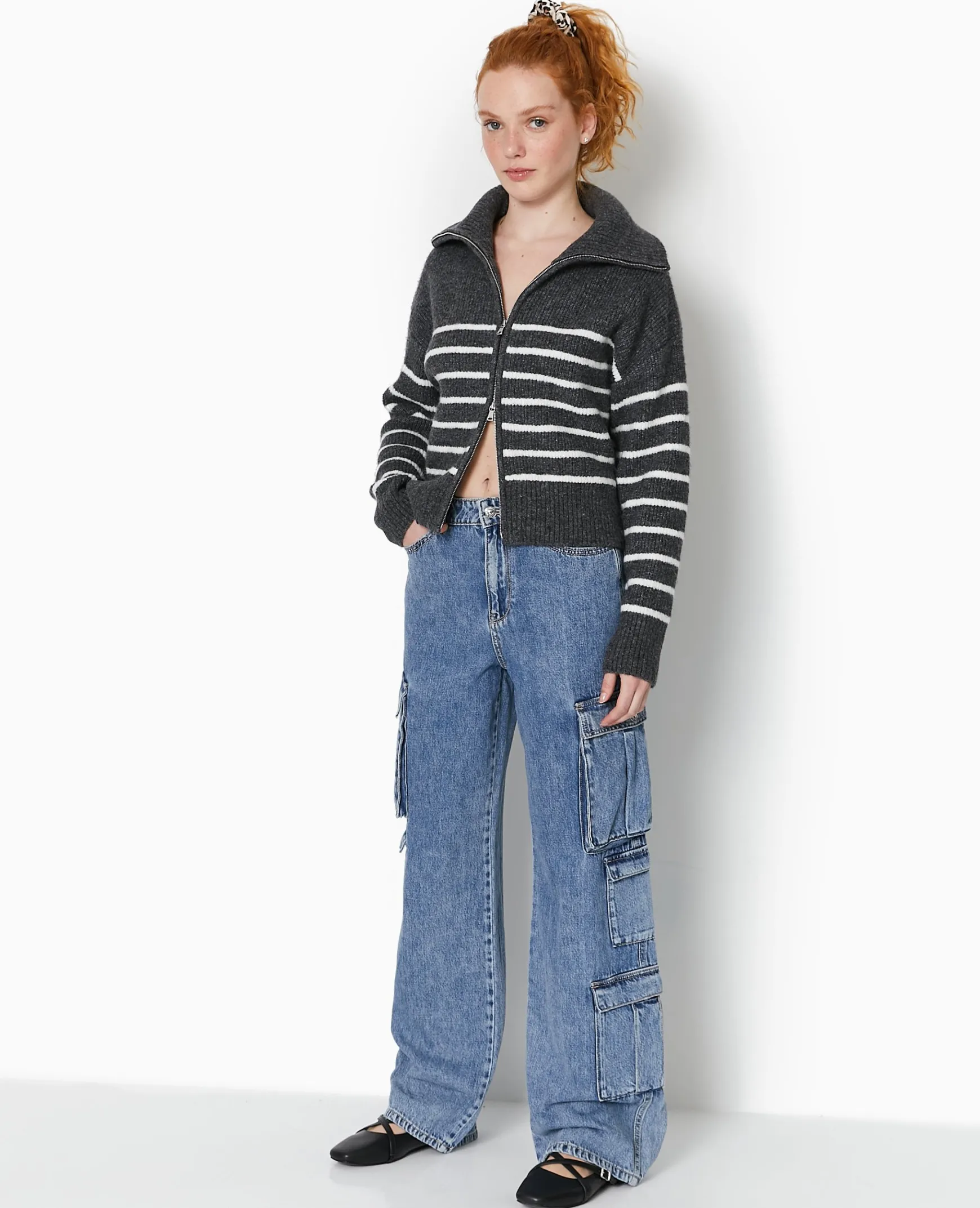 Pimkie Pimkie Positive|Pull Et Gilet^Gilet Zippé Rayé Avec Grand Col Maille Côtelée -