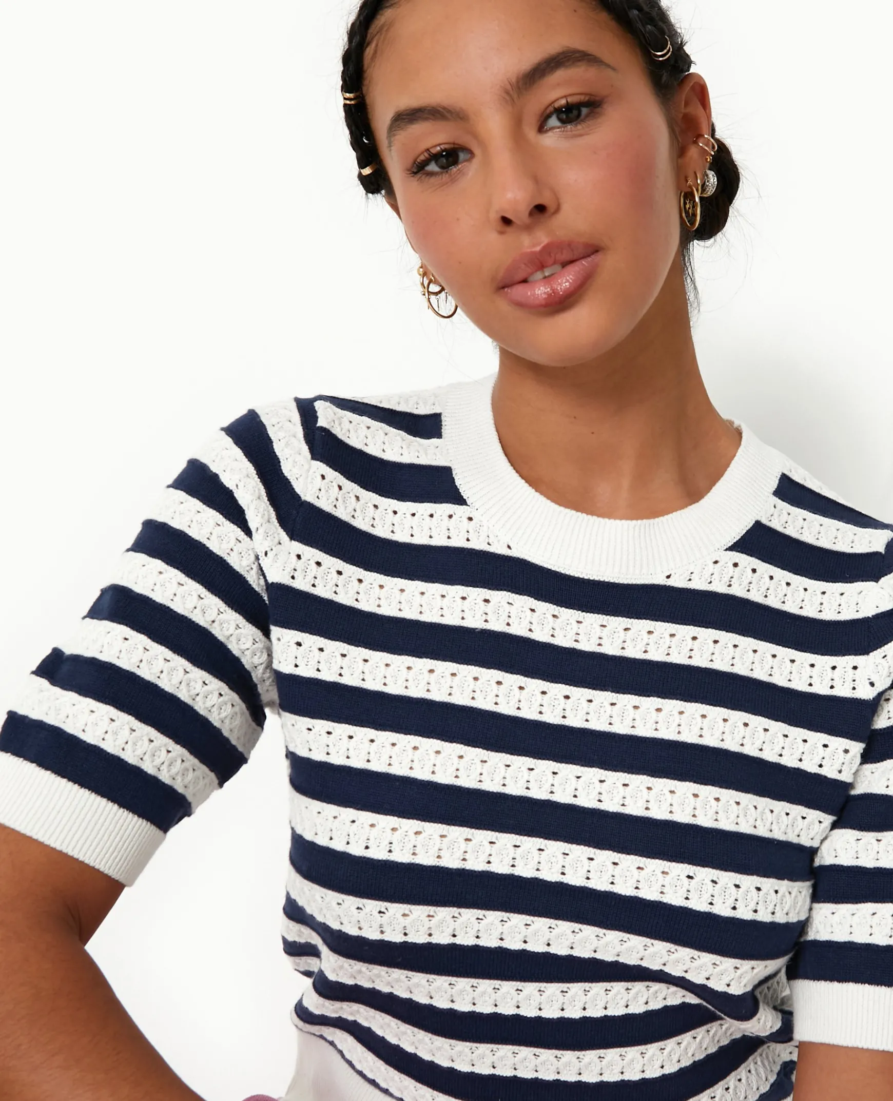 Pimkie Pull Et Gilet^Pull Manches Courtes En Maille Ajourée Rayée -