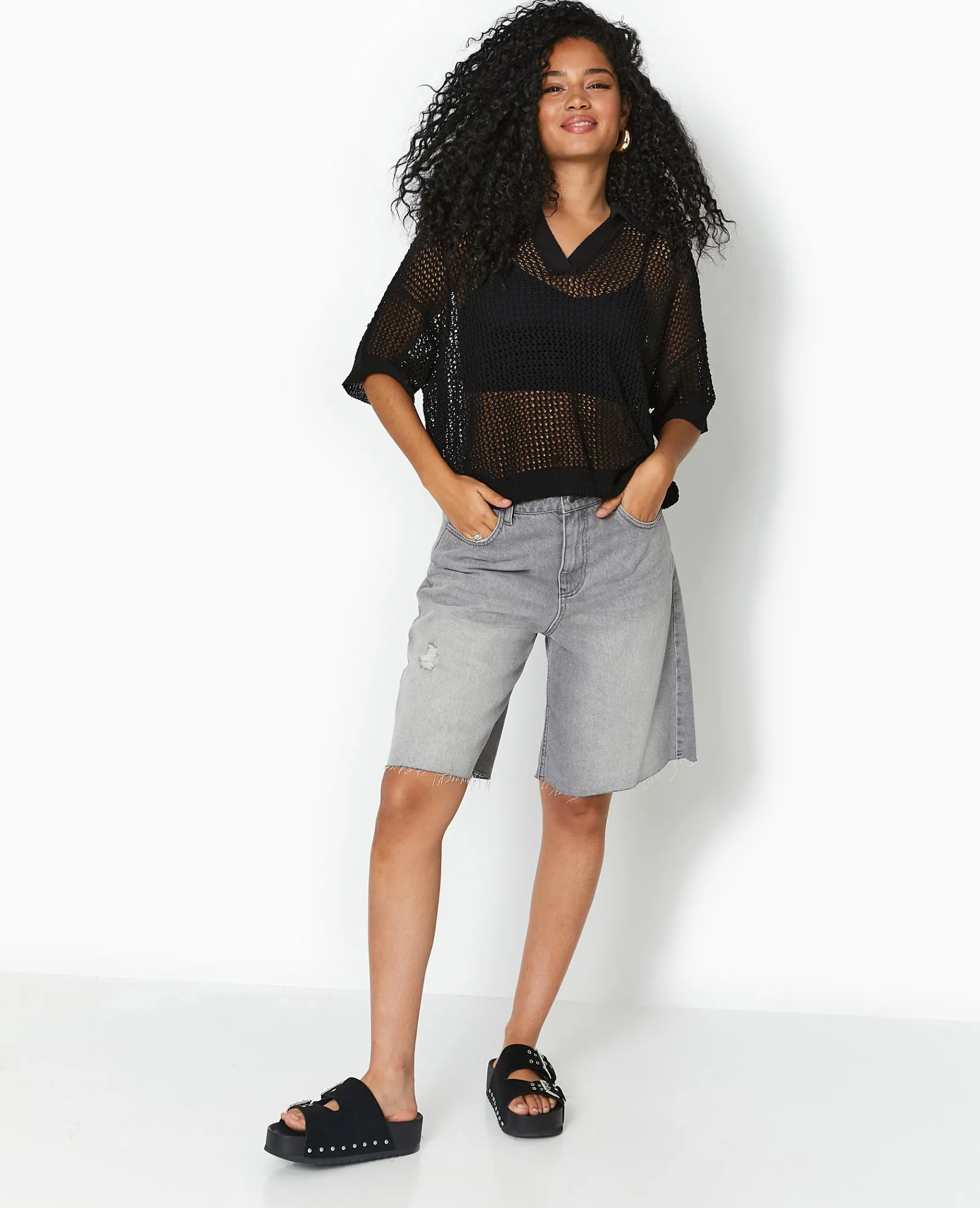 Pimkie Pull Et Gilet^Pull Polo Manches Courtes En Maille Ajourée -