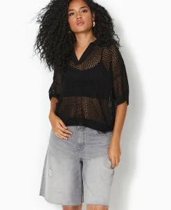 Pimkie Pull Et Gilet^Pull Polo Manches Courtes En Maille Ajourée -