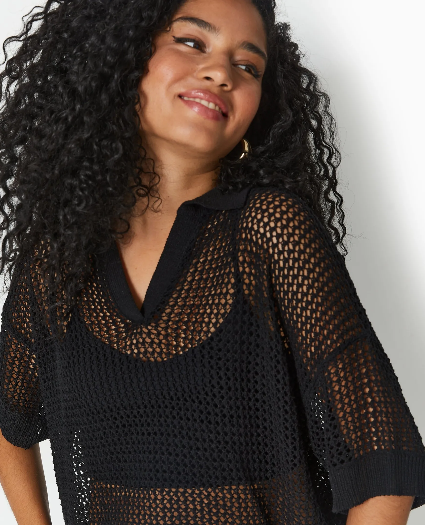Pimkie Pull Et Gilet^Pull Polo Manches Courtes En Maille Ajourée -