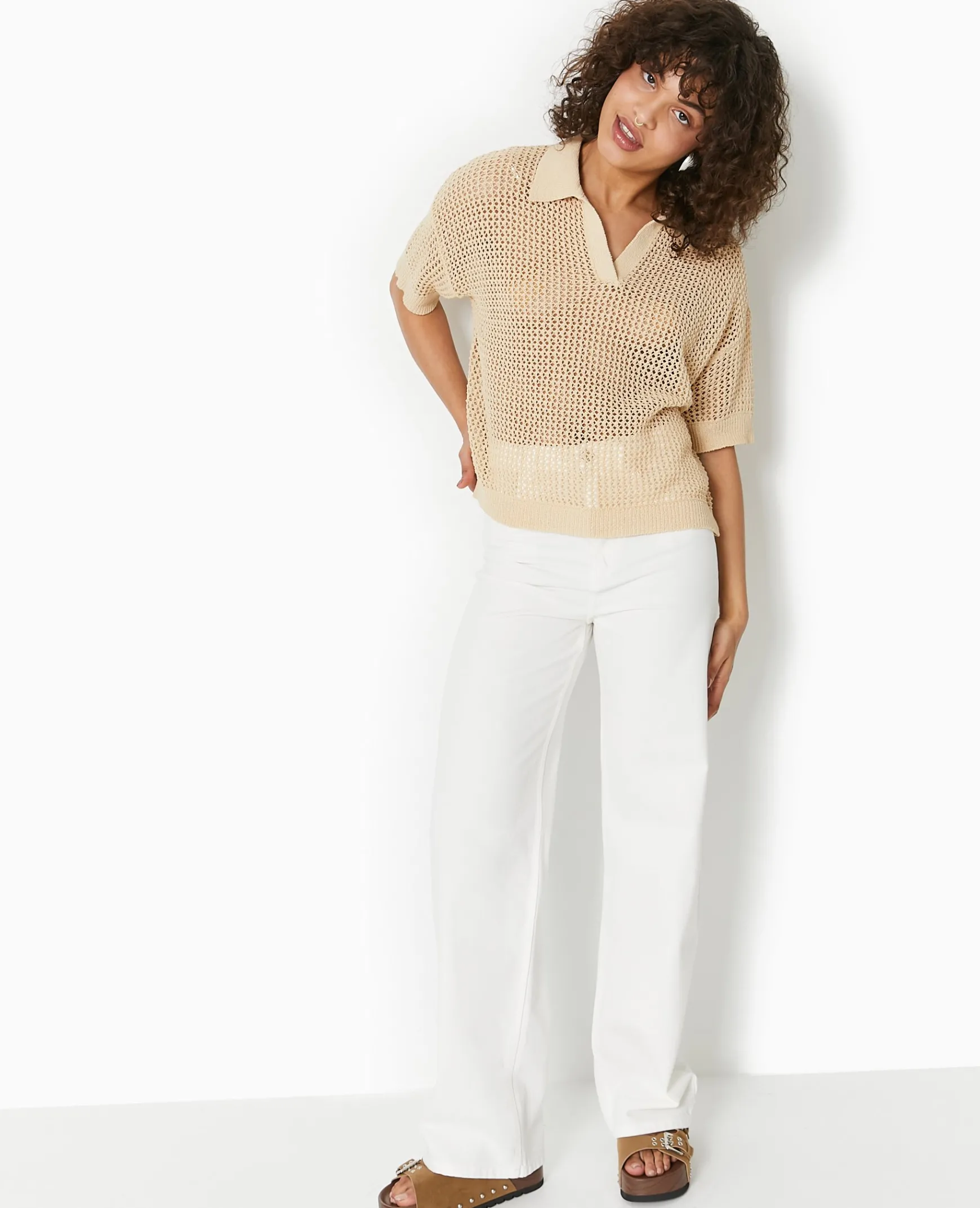 Pimkie Pull Et Gilet^Pull Polo Manches Courtes En Maille Ajourée -