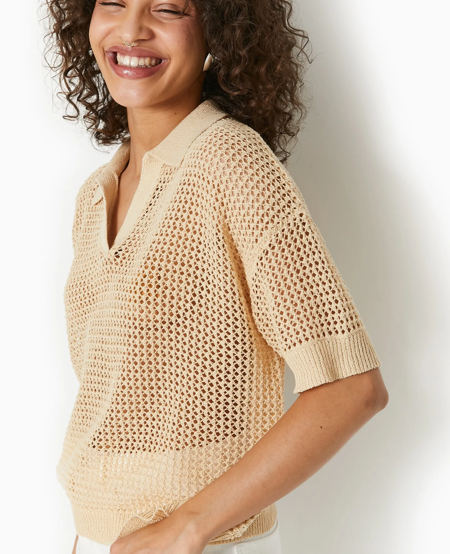 Pimkie Pull Et Gilet^Pull Polo Manches Courtes En Maille Ajourée -